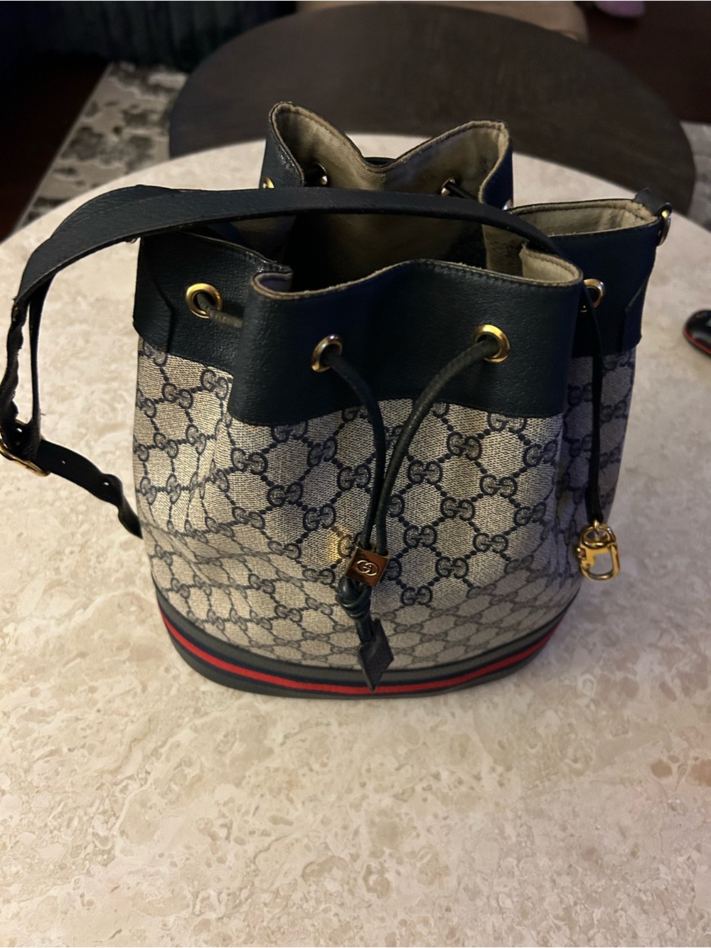 Gucci Beige GG Canvas Bucket Bag with Black Trim and Red-Blue Stripe